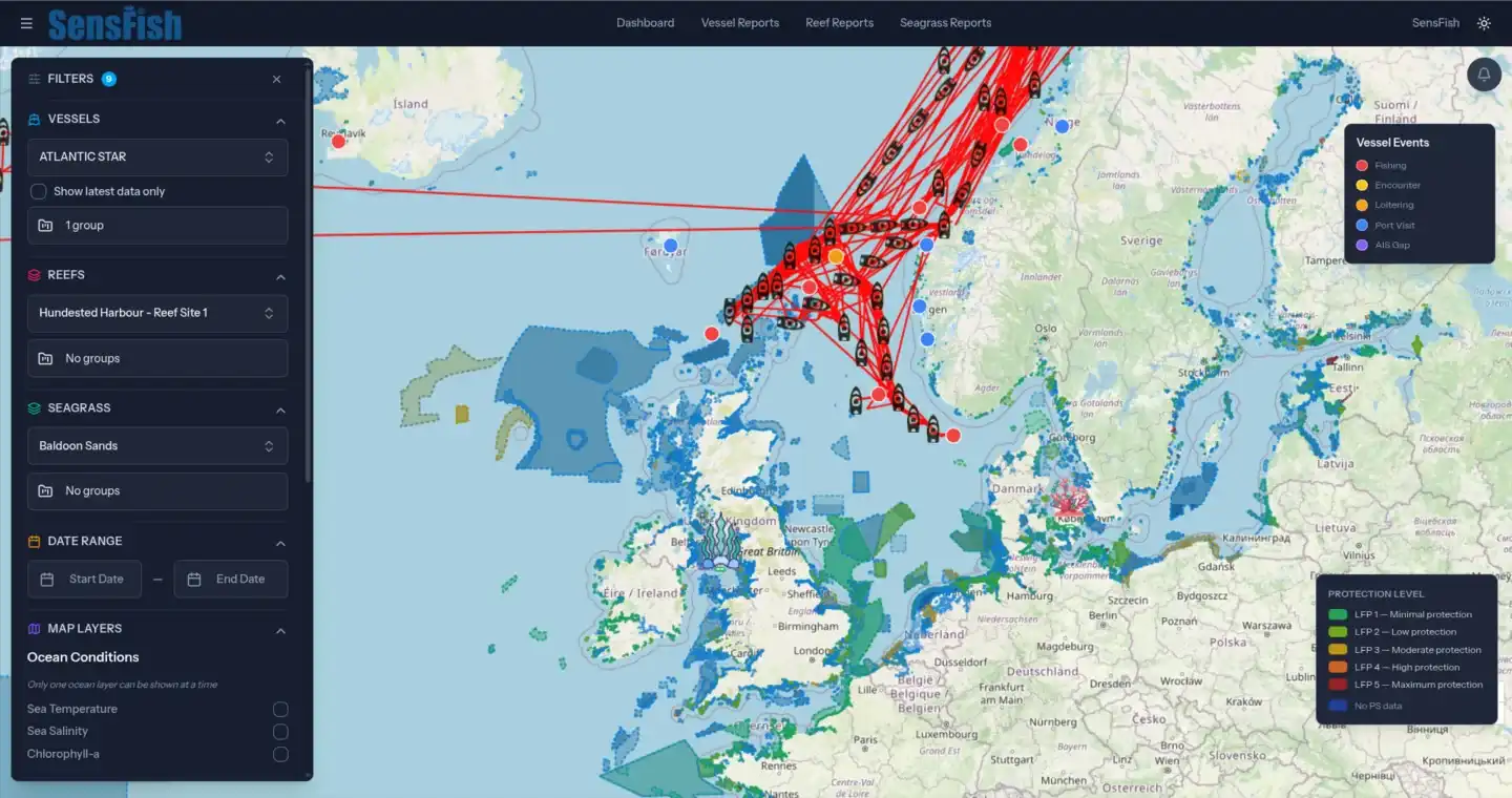 SensFish interactive map showing vessel tracks, reef sites, seagrass areas, and marine protected area boundaries