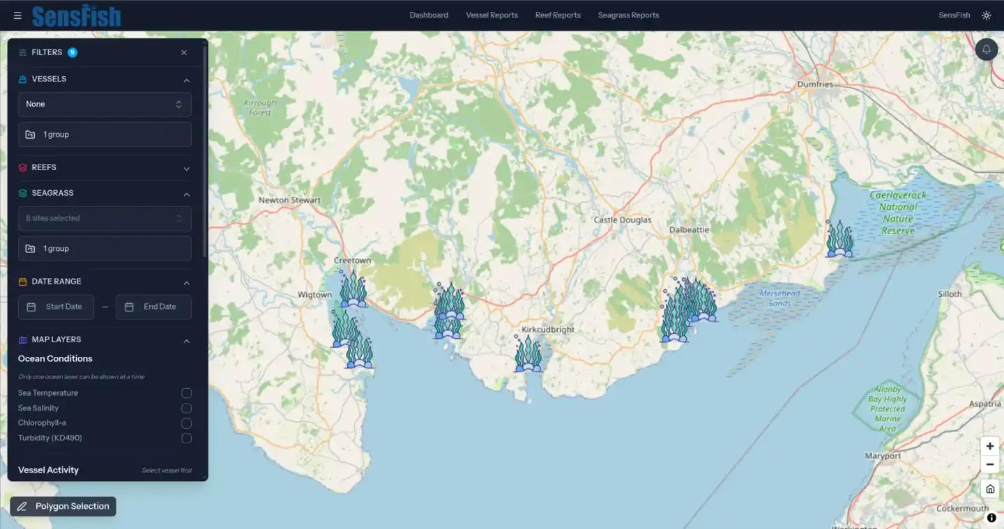 SensFish geospatial monitoring interface showing seagrass habitat sites and survey areas across the Solway Firth coastline, Scotland
