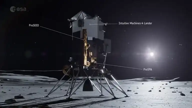 Intuitive Machines Nova-C lander on the Moon with the ProSEED drill and ProSPA laboratory labelled