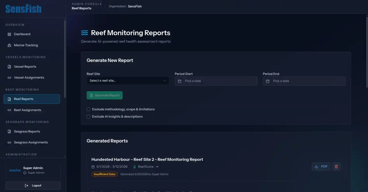 SensFish reef monitoring reports — AI-generated reef health assessment reporting for restoration assessment and stakeholder communication