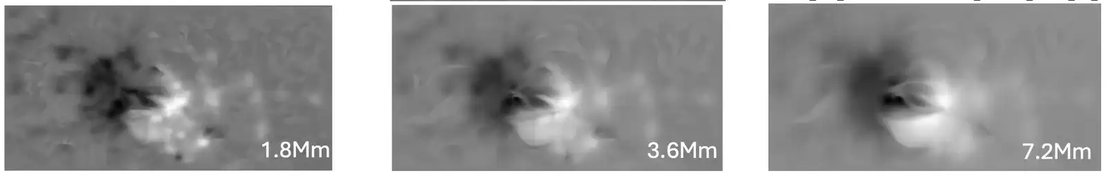 Three greyscale magnetic field maps of the same active region at 1.8, 3.6 and 7.2 megametres above the surface