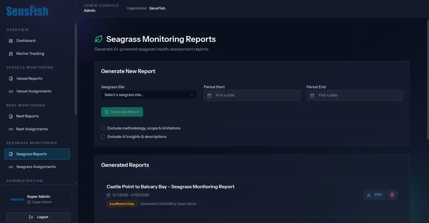 SensFish seagrass monitoring reports — AI-generated seagrass health assessment reporting with site-level outputs for restoration and stakeholder communication